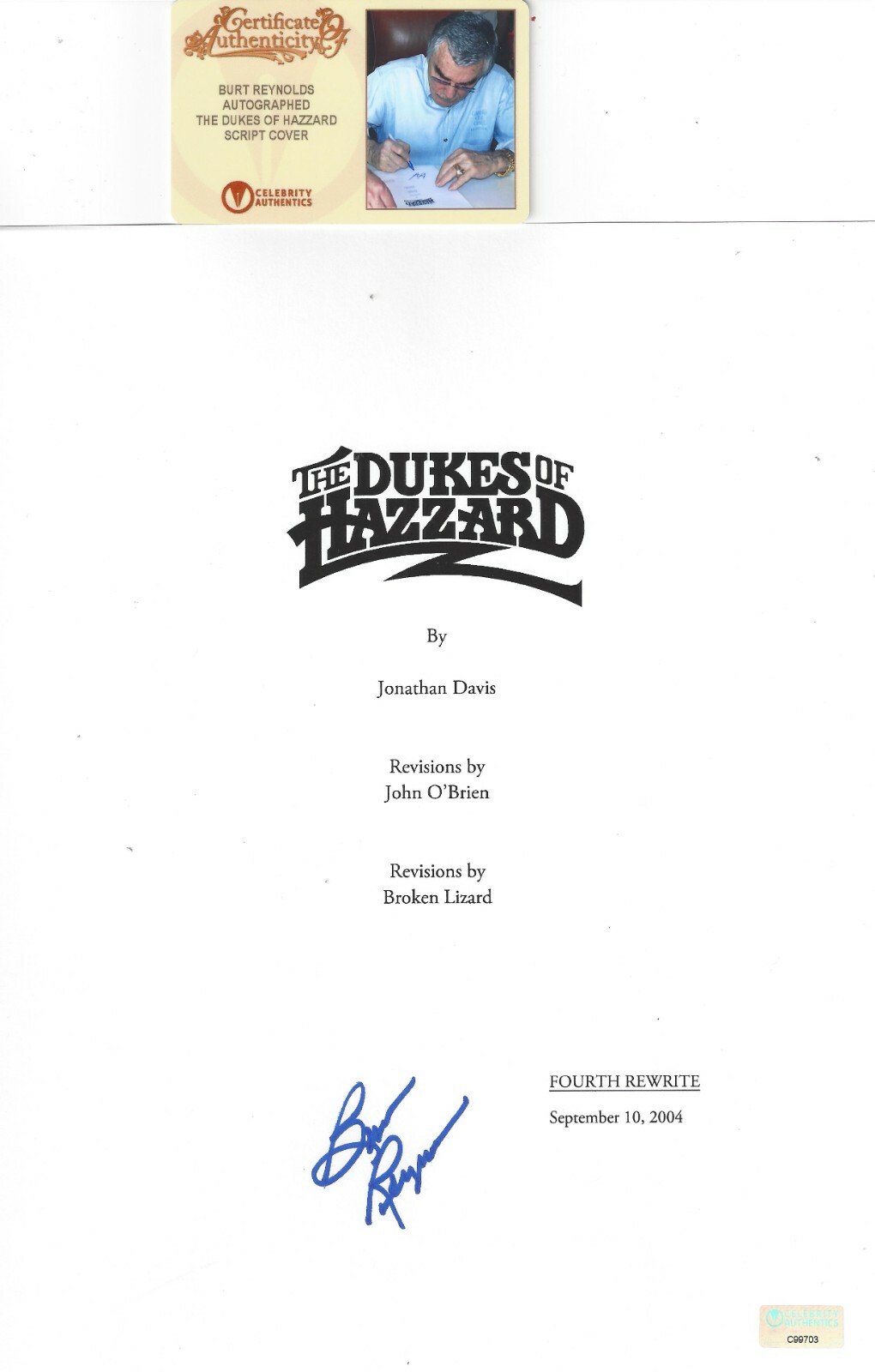 BURT REYNOLDS Signed Autograph Dukes of Hazzard Script Celebrity Authentics
