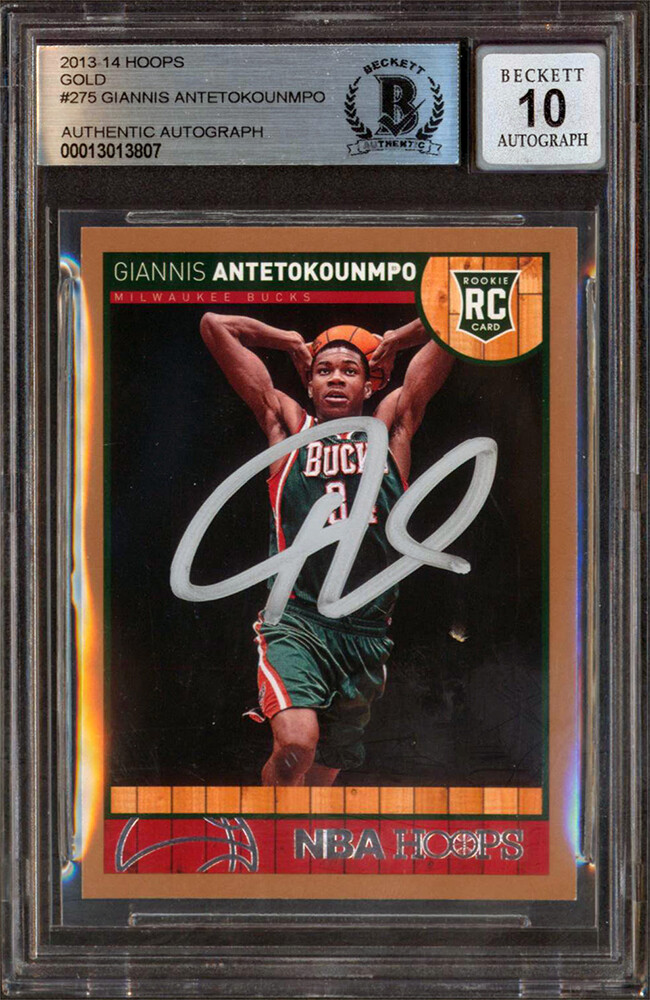 Bucks Giannis Antetokounmpo Signed 2013 Hoops Gold #275 RC Auto 10! BAS Slab
