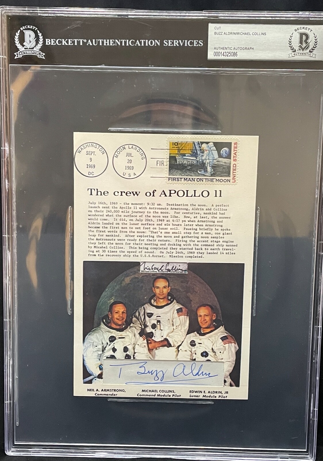 BUZZ ALDRIN MICHAEL COLLINS Signed Autograph 5X7.25 Cut Card Pilot NASA BAS