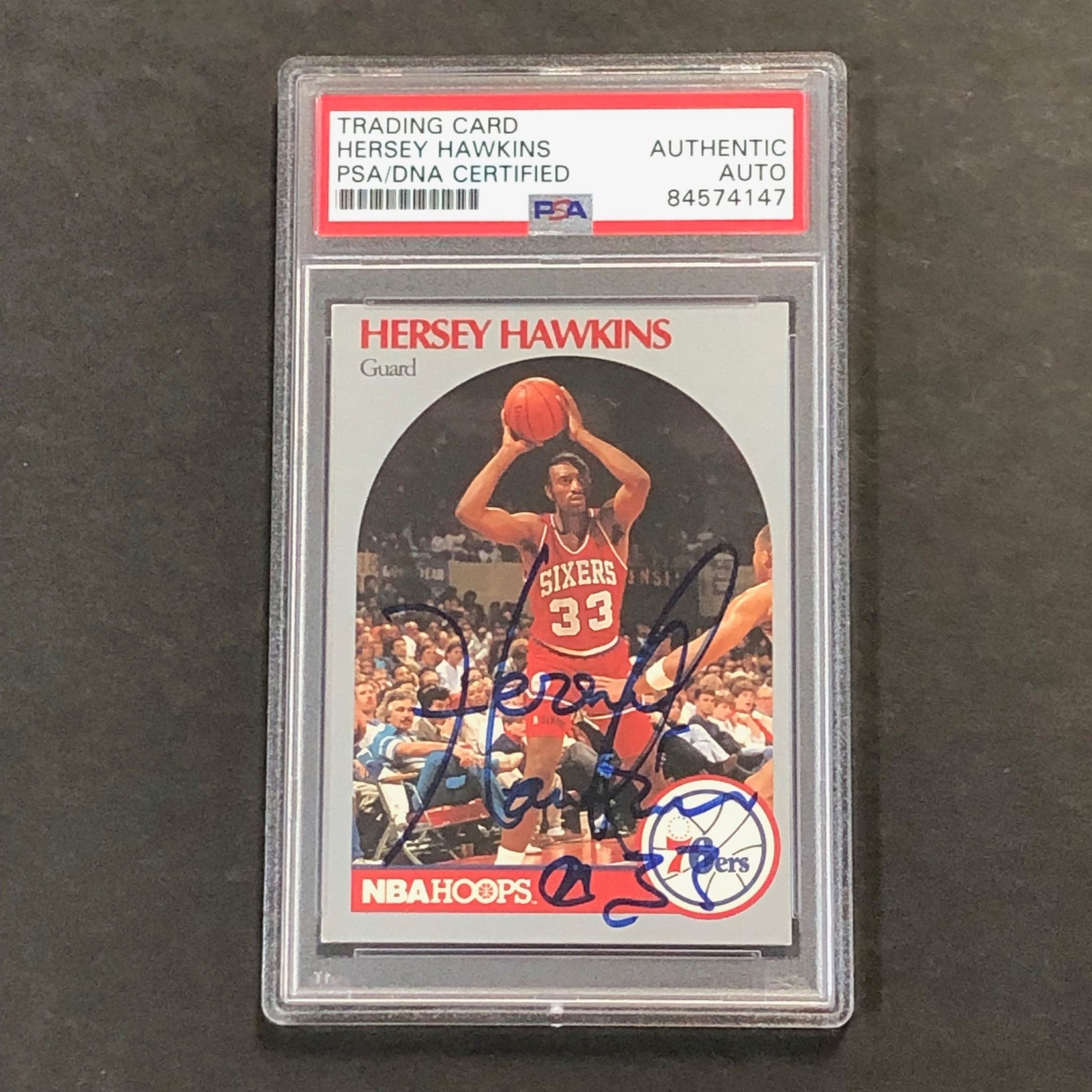 1990-91 NBA HOOPS #229 HERSEY HAWKINS SIGNED CARD AUTO PSA SLABBED 76ERS COLLECTIBLE MEMORABILIA