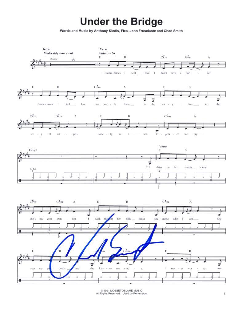CHAD SMITH SIGNED AUTOGRAPH UNDER THE BRIDGE SHEET MUSIC RED HOT CHILI PEPPERS