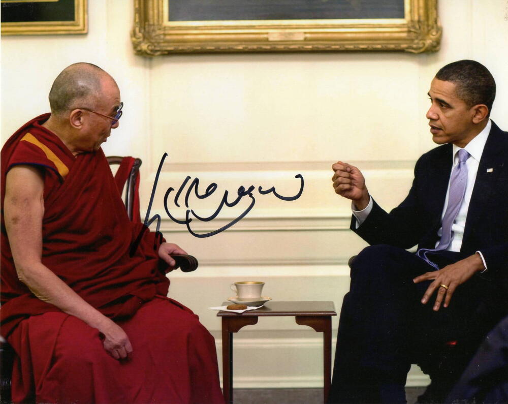 DALAI LAMA SIGNED AUTOGRAPH 8X10 PHOTO TIBETAN LEADER PRESIDENT BARACK OBAMA JSA