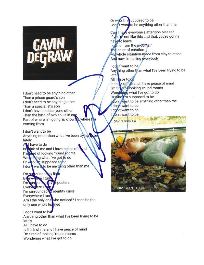 GAVIN DEGRAW SIGNED I DON'T WANT TO BE LYRIC SHEET AUTHENTIC AUTORGAPH HOLOGRAM