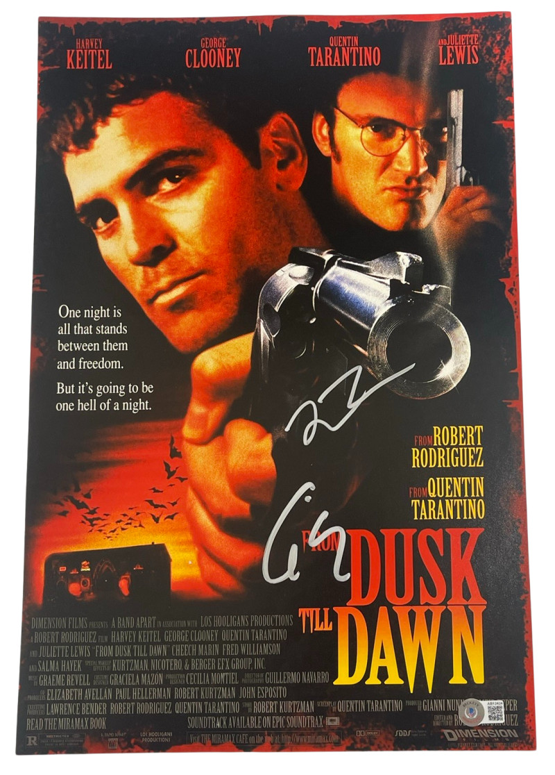 QUENTIN TARANTINO GEORGE CLOONEY SIGNED 12X18 PHOTO FROM DUSK TILL DAWN BAS 3