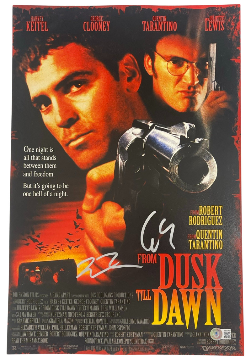 QUENTIN TARANTINO GEORGE CLOONEY SIGNED 12X18 PHOTO FROM DUSK TILL DAWN BAS 4