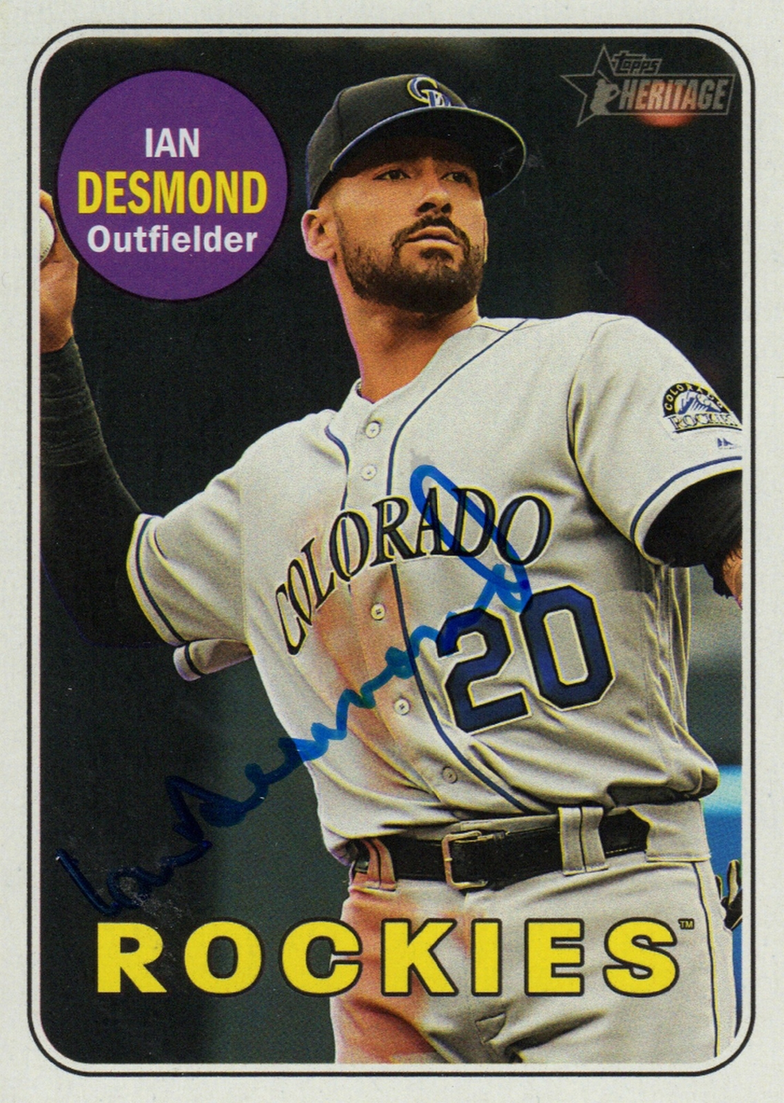 COLORADO ROCKIES IAN DESMOND SIGNED 2018 TOPPS HERITAGE TRADING CARD #122 COA COLLECTIBLE MEMORABILIA