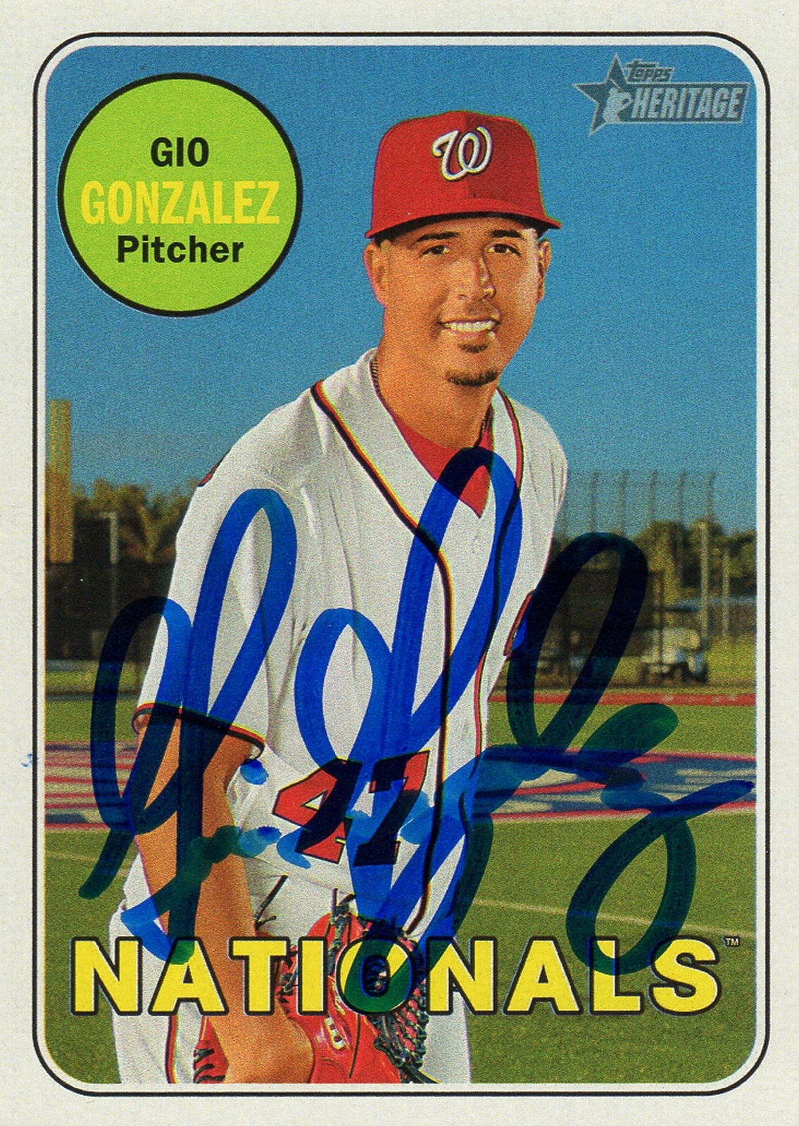 WASINGTON NATIONALS GIO GONZALEZ SIGNED TRADING CARD 2018 TOPPS HERITAGE #33 COA COLLECTIBLE MEMORABILIA