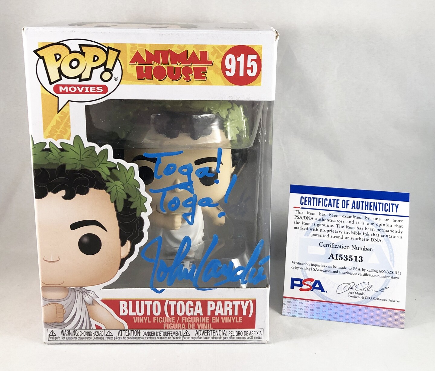 John Landis Signed Funko Pop Animal House Bluto Toga Party PSA/DNA COA