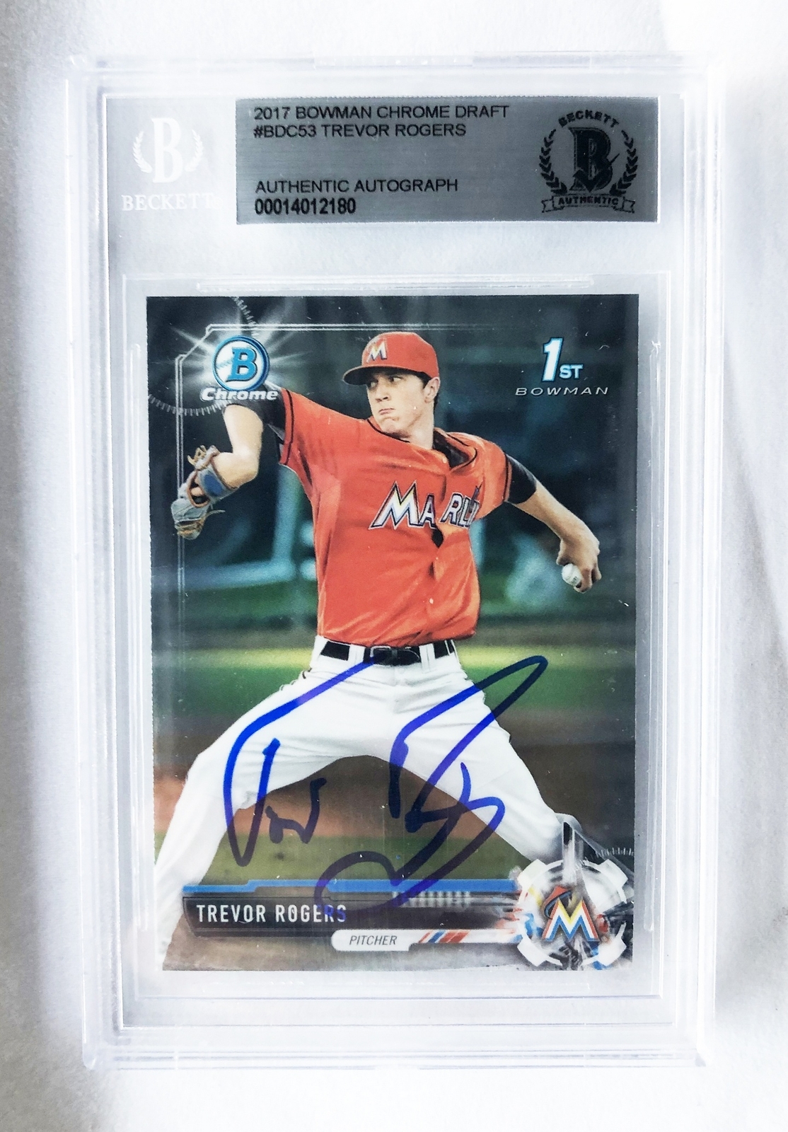 Miami Marlins Trevor Rogers Signed Rookie Card 2017 Bowman Chrome #BDC53 1 COA