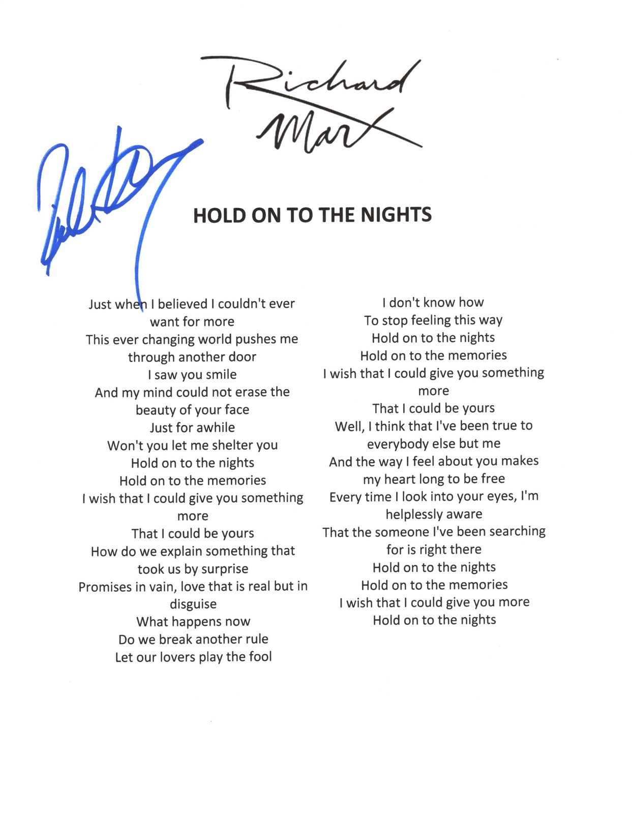 Richard Marx Signed Lyric Sheet Hold On To The Nights COA