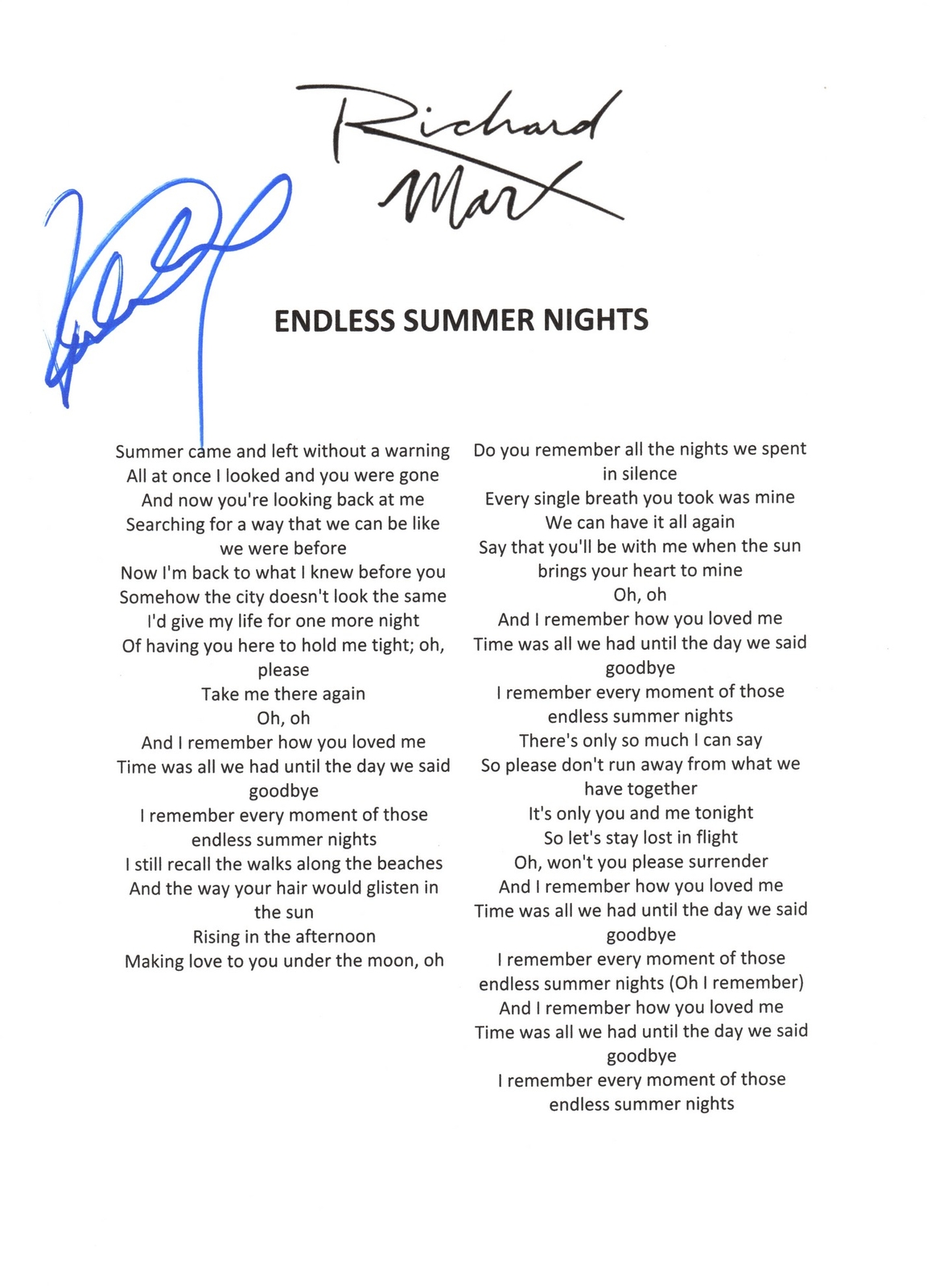 Richard Marx Signed Lyric Sheet Endless Summer Nights 3 COA