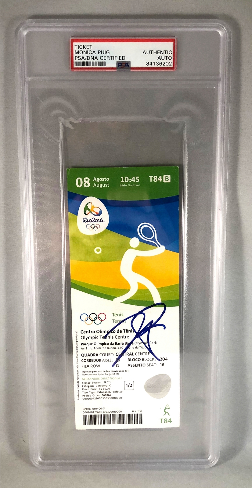 Monica Puig Signed 2016 Rio Olympics Authentic Match Ticket PSA/DNA COA