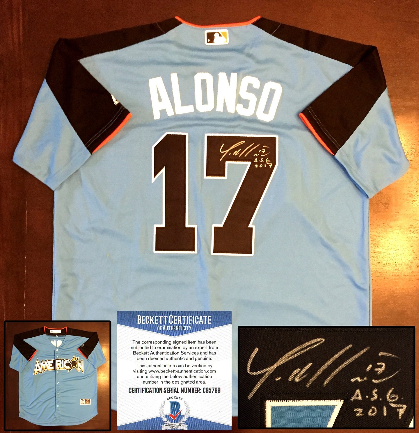 YONDER ALONSO SIGNED 2017 ALL STAR JERSEY BECKETT BAS COA COLLECTIBLE MEMORABILIA
