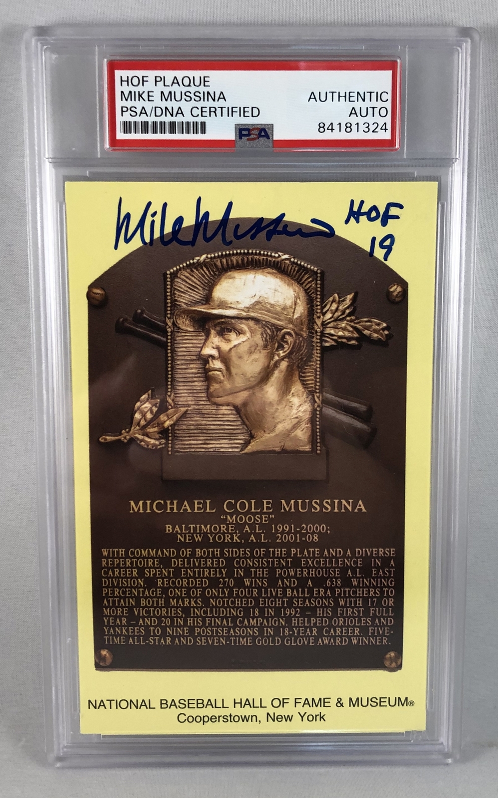 New York Yankees Mike Mussina Signed HOF Plaque Postcard PSA/DNA 2 COA