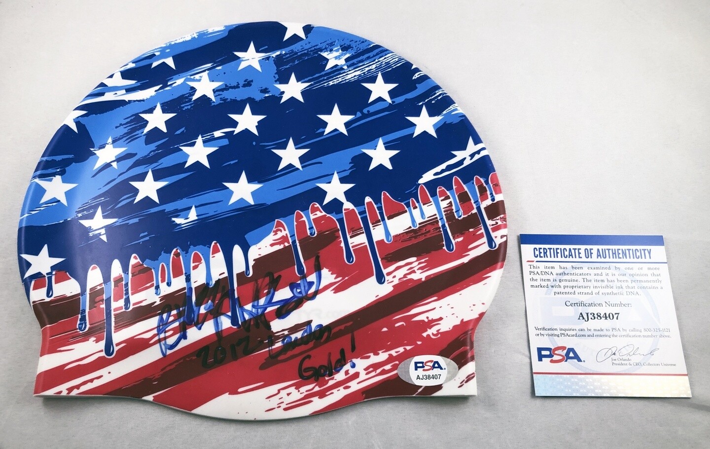 BREEJA LARSON SIGNED SWIM CAP PSA/DNA RIO 2012 GOLD MEDAL COA COLLECTIBLE MEMORABILIA