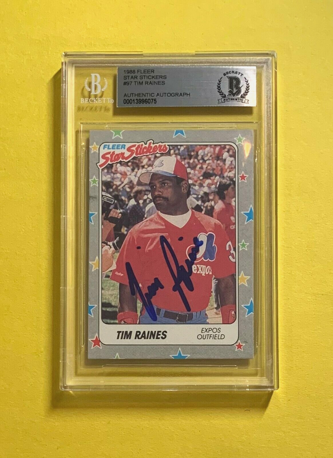 1988 FLEER STAR STICKERS TIM RAINES #97 AUTHENTIC AUTO BECKETT CERTIFIED HOF