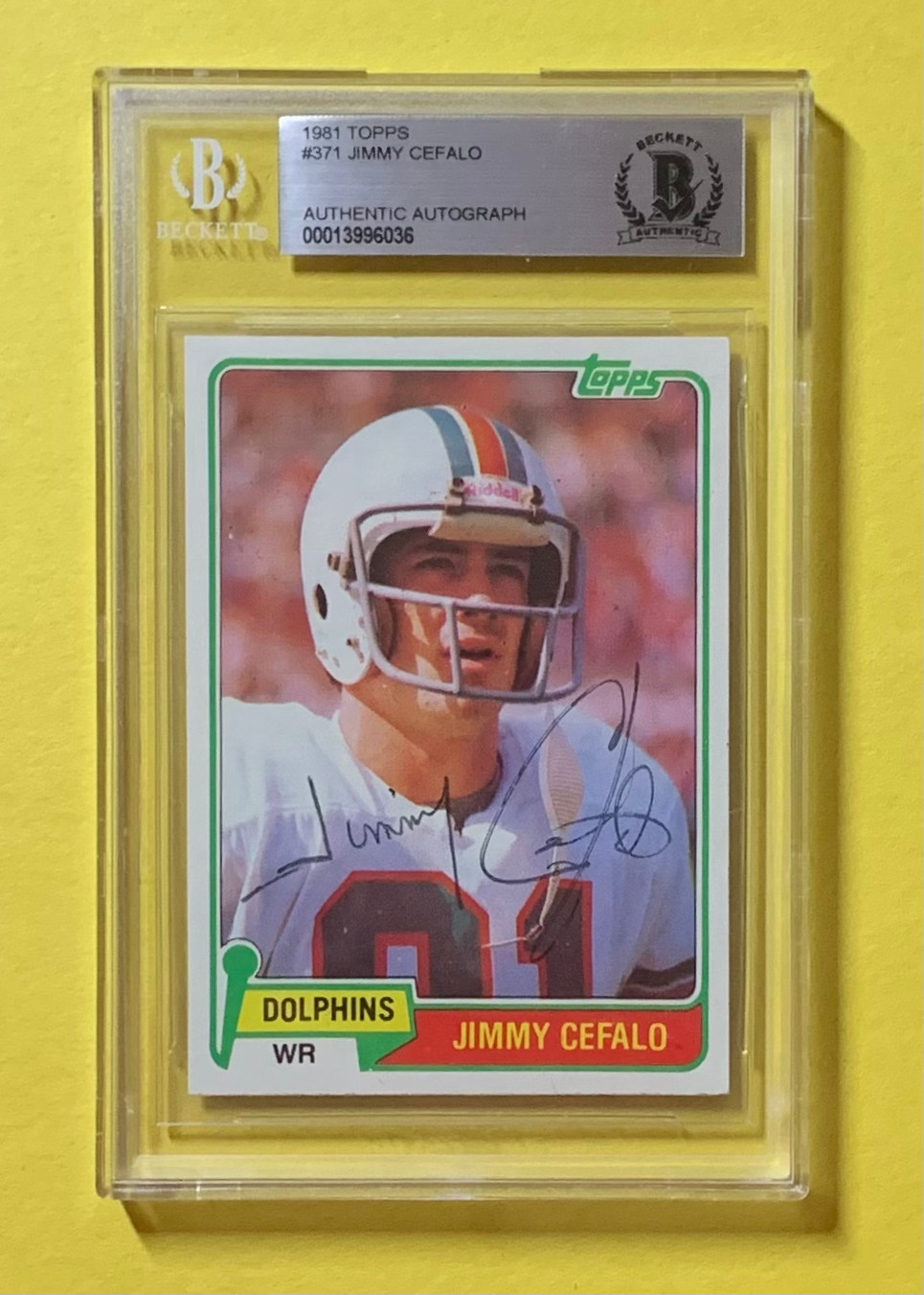 1981 TOPPS JIMMY CEFALO #371 AUTHENTIC AUTO BECKETT CERTIFIED DOLPHINS COLLECTIBLE MEMORABILIA