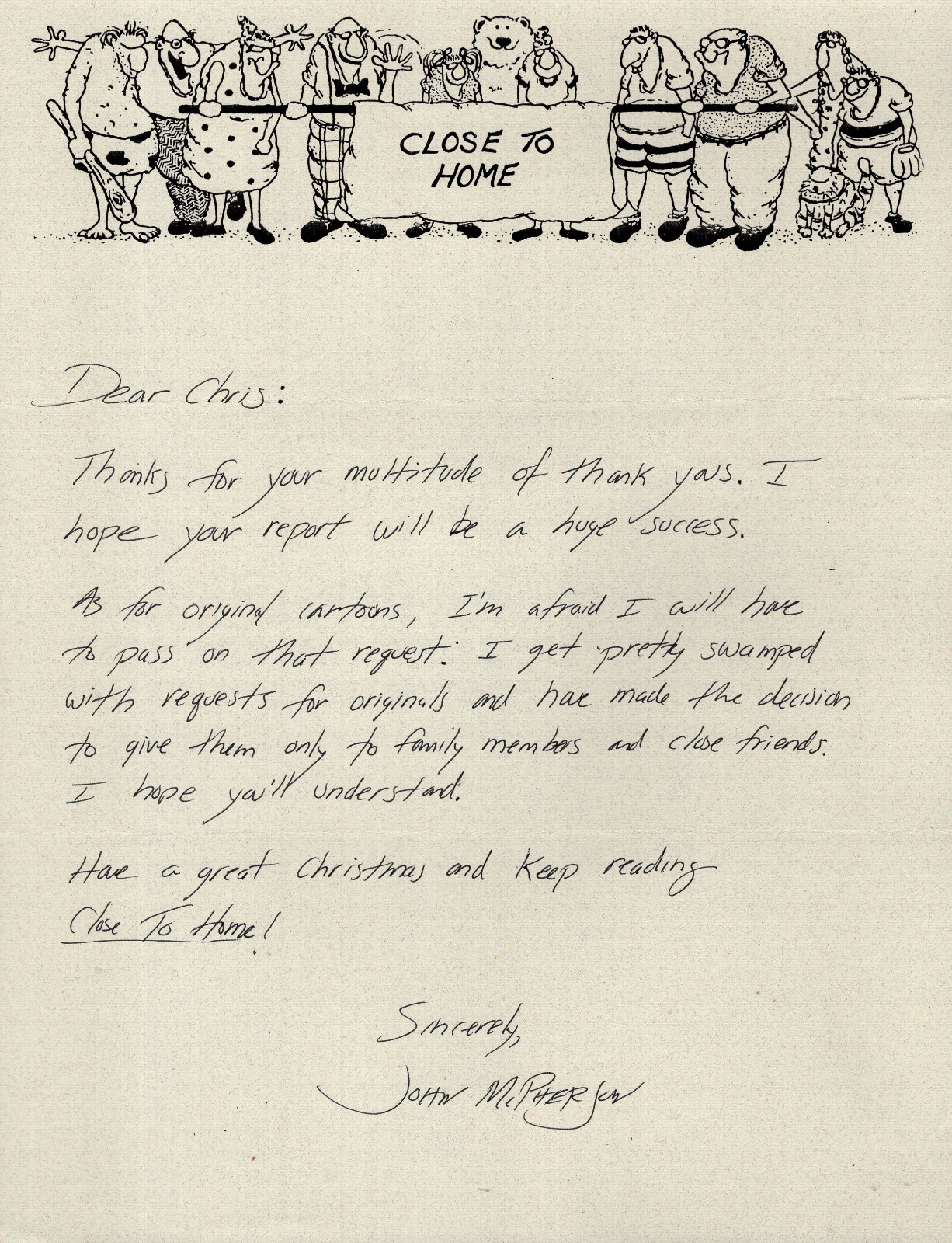 JOHN MCPHERSON HAND SIGNED+HAND WRITTEN LETTER CLOSE TO HOME LETTERHEAD