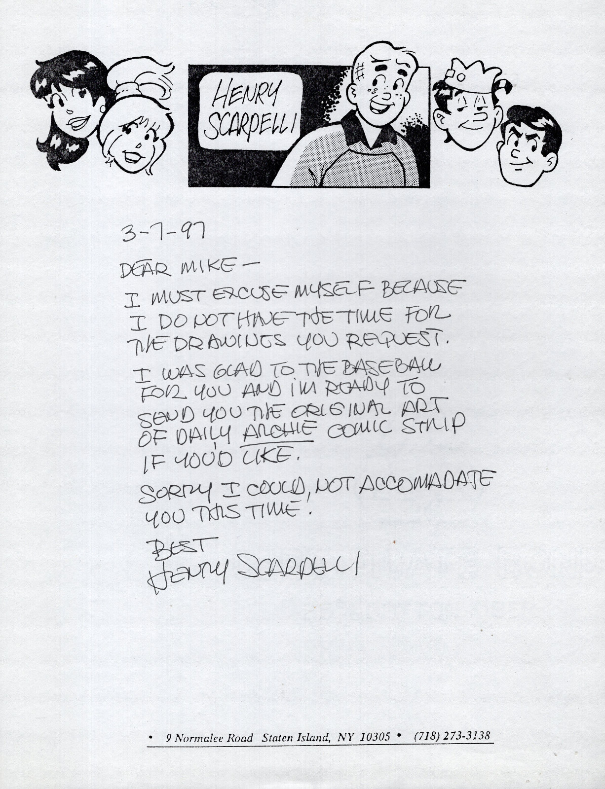 HENRY SCARPELLI HAND SIGNED+HAND WRITTEN LETTER GREAT ARCHIE CARTOONIST