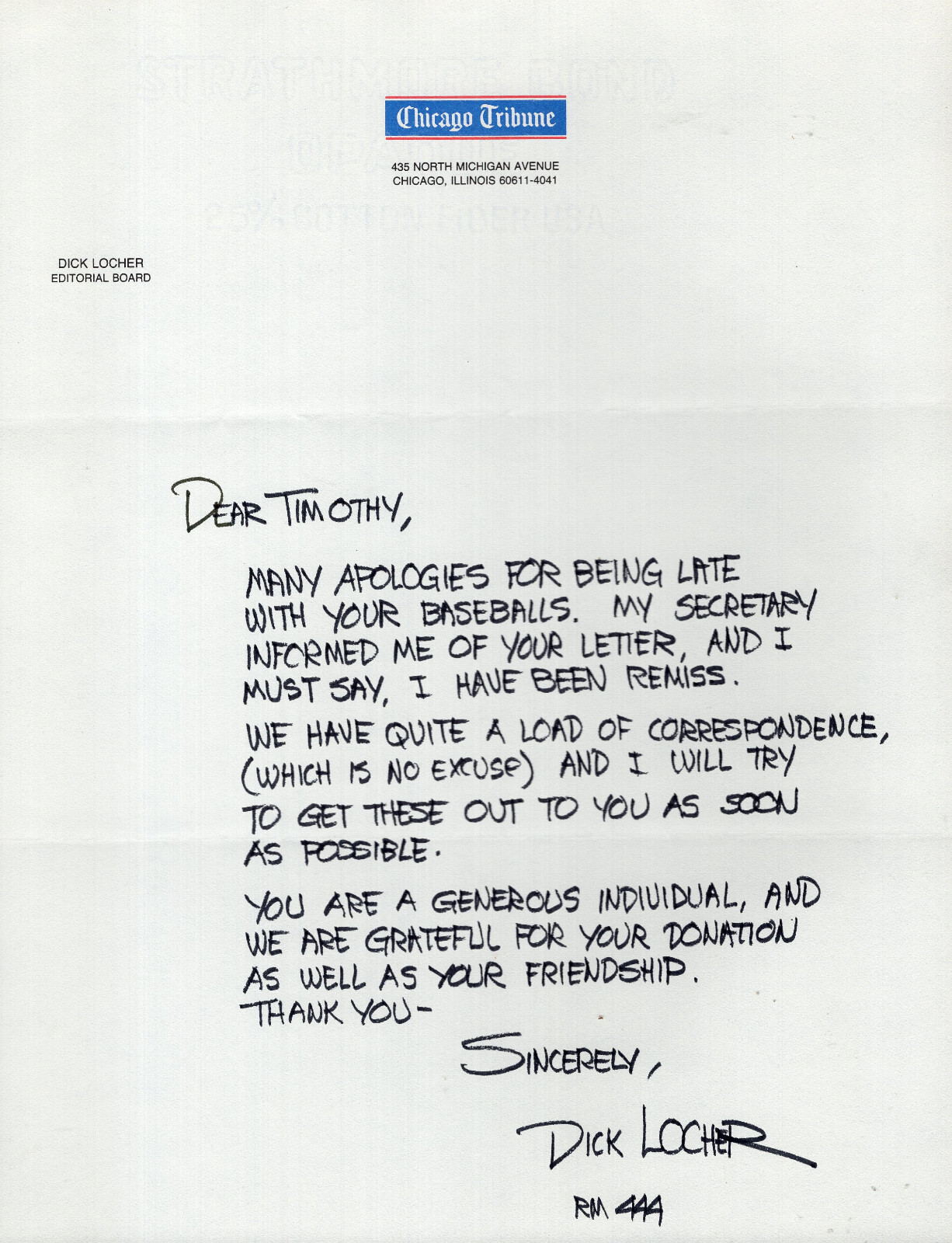 DICK LOCHER HAND SIGNED+HAND WRITTEN LETTER GREAT DICK TRACY CARTOONIST