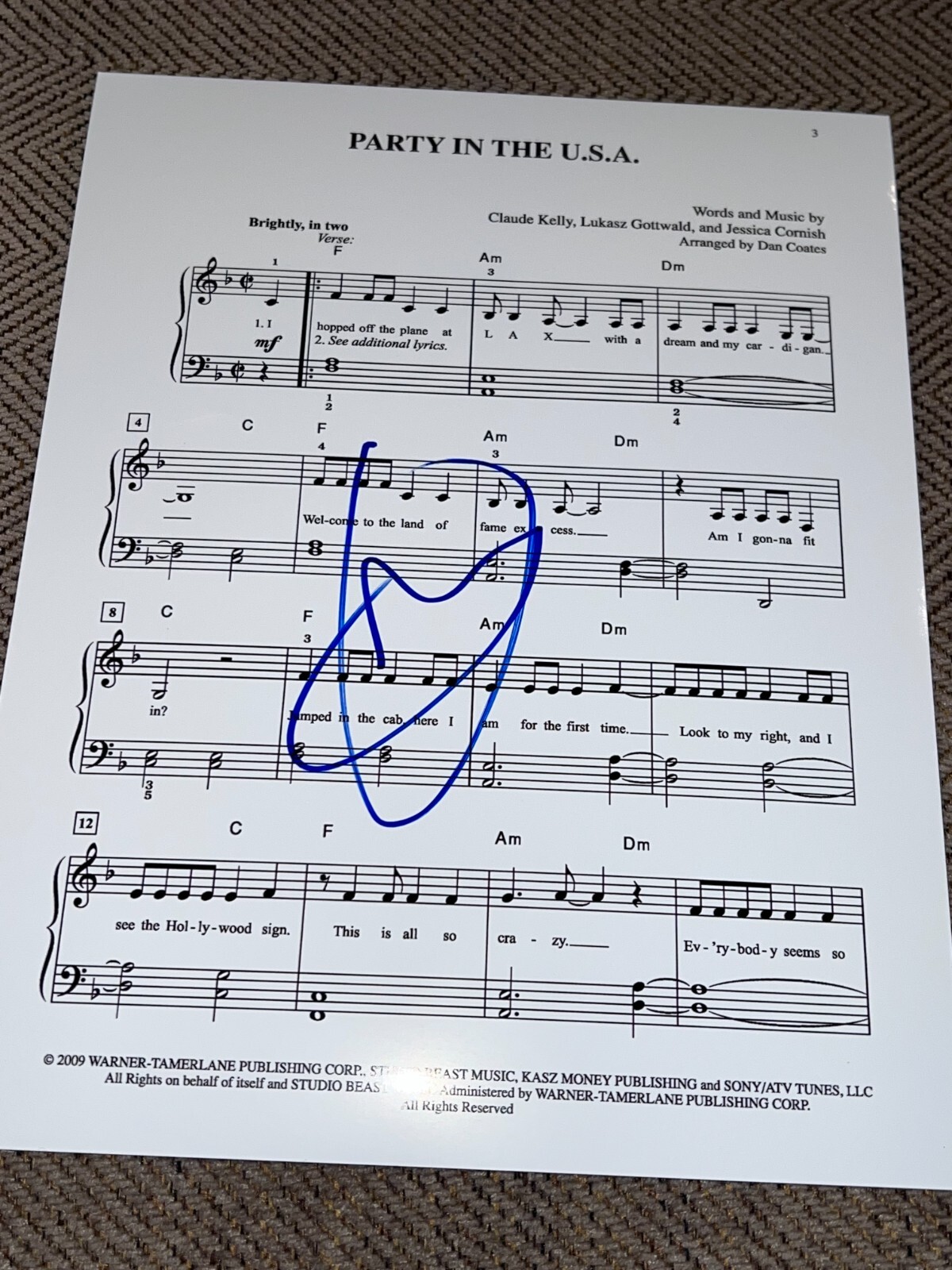 MILEY CYRUS SIGNED AUTOGRAPH SHEET MUSIC PARTY IN THE USA IN PERSON RARE BAS D