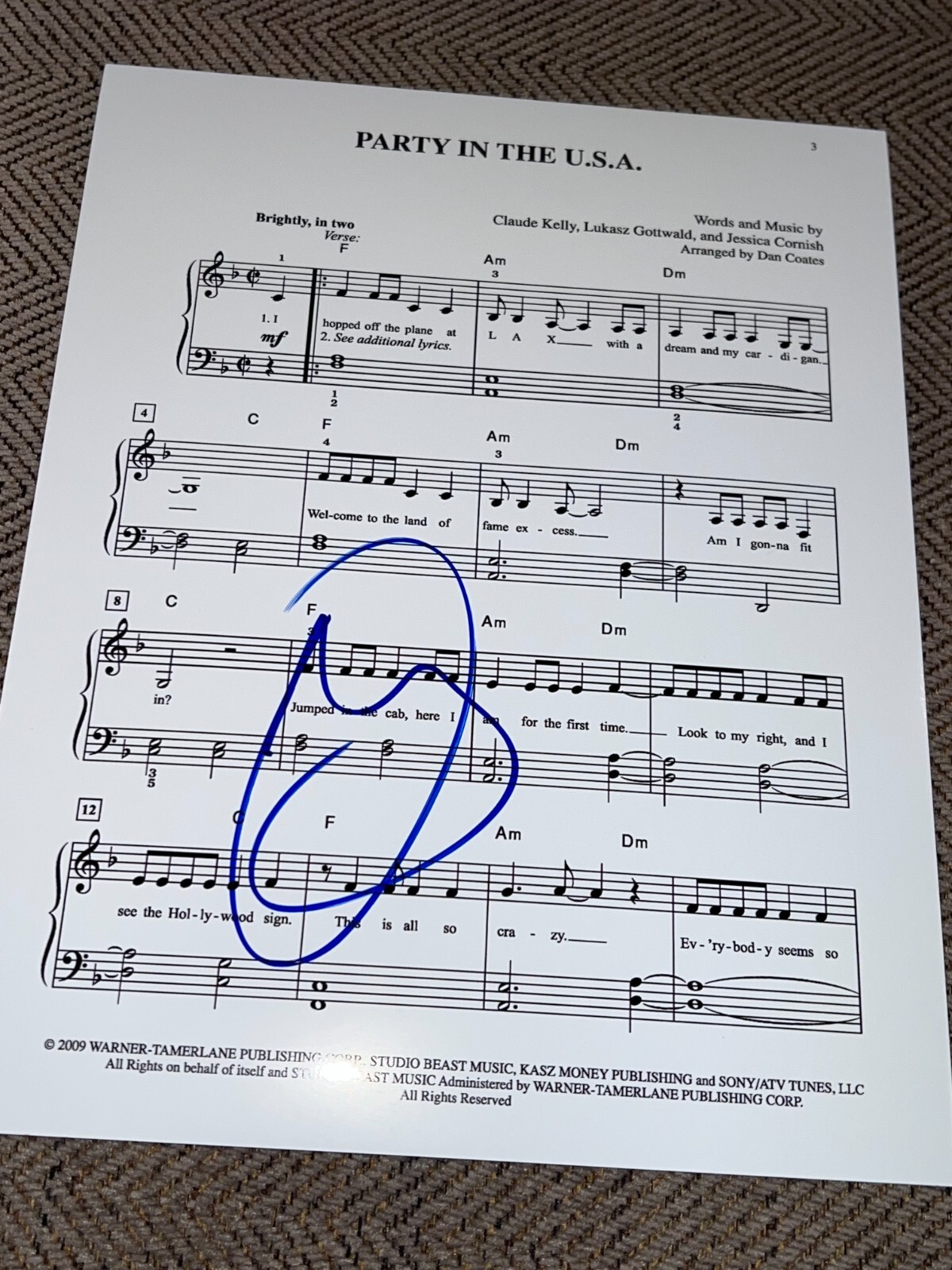 MILEY CYRUS SIGNED AUTOGRAPH SHEET MUSIC PARTY IN THE USA IN PERSON RARE BAS E