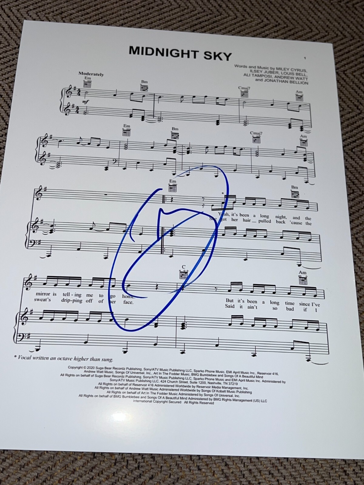 MILEY CYRUS SIGNED AUTOGRAPH SHEET MUSIC MIDNIGHT SKY IN PERSON COA BAS AUTO D