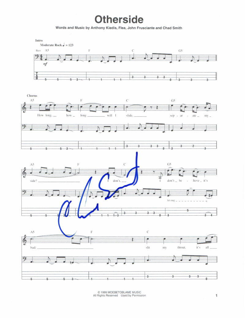 CHAD SMITH SIGNED AUTOGRAPH OTHERSIDE SHEET MUSIC RED HOT CHILI PEPPERS RHCP