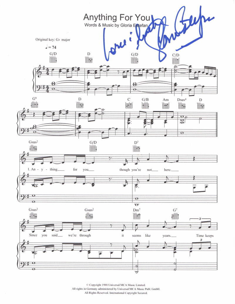 GLORIA ESTEFAN SIGNED AUTOGRAPH ANYTHING FOR YOU SHEET MUSIC - VERY RARE!