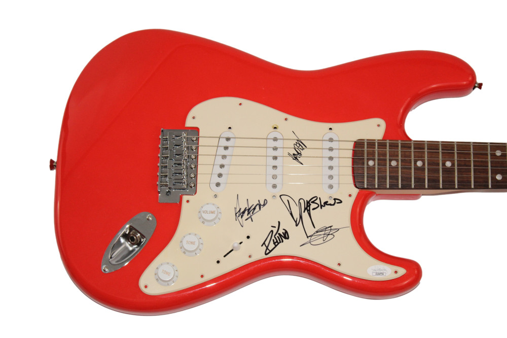 AWOLNATION FULL BAND SIGNED AUTOGRAPH FULL SIZE RED FENDER ELECTRIC GUITAR JSA