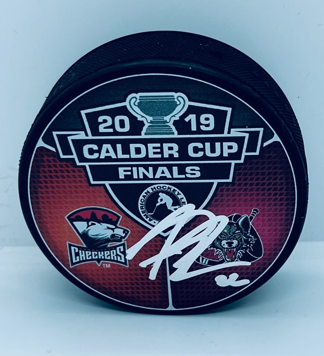 Andrew Poturalski signed Checkers Wolves 2019 Calder Cup Finals Dueling Puck