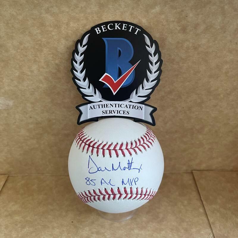 DON MATTINGLY 85 AL MVP SIGNED AUTOGRAPHED M.L. BASEBALL BECKETT WITNESS