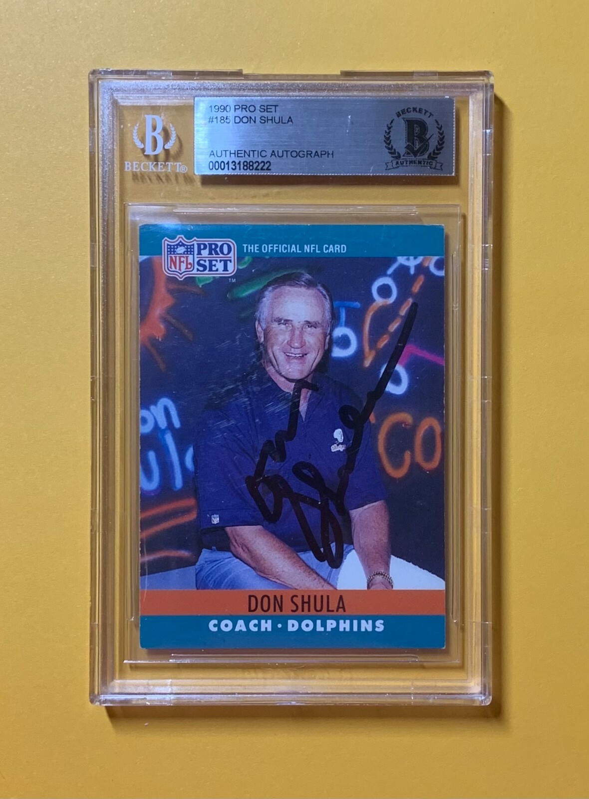 1990 PRO SET DON SHULA #185 AUTHENTIC AUTO BECKETT CERTIFIED HOF DOLPHINS
