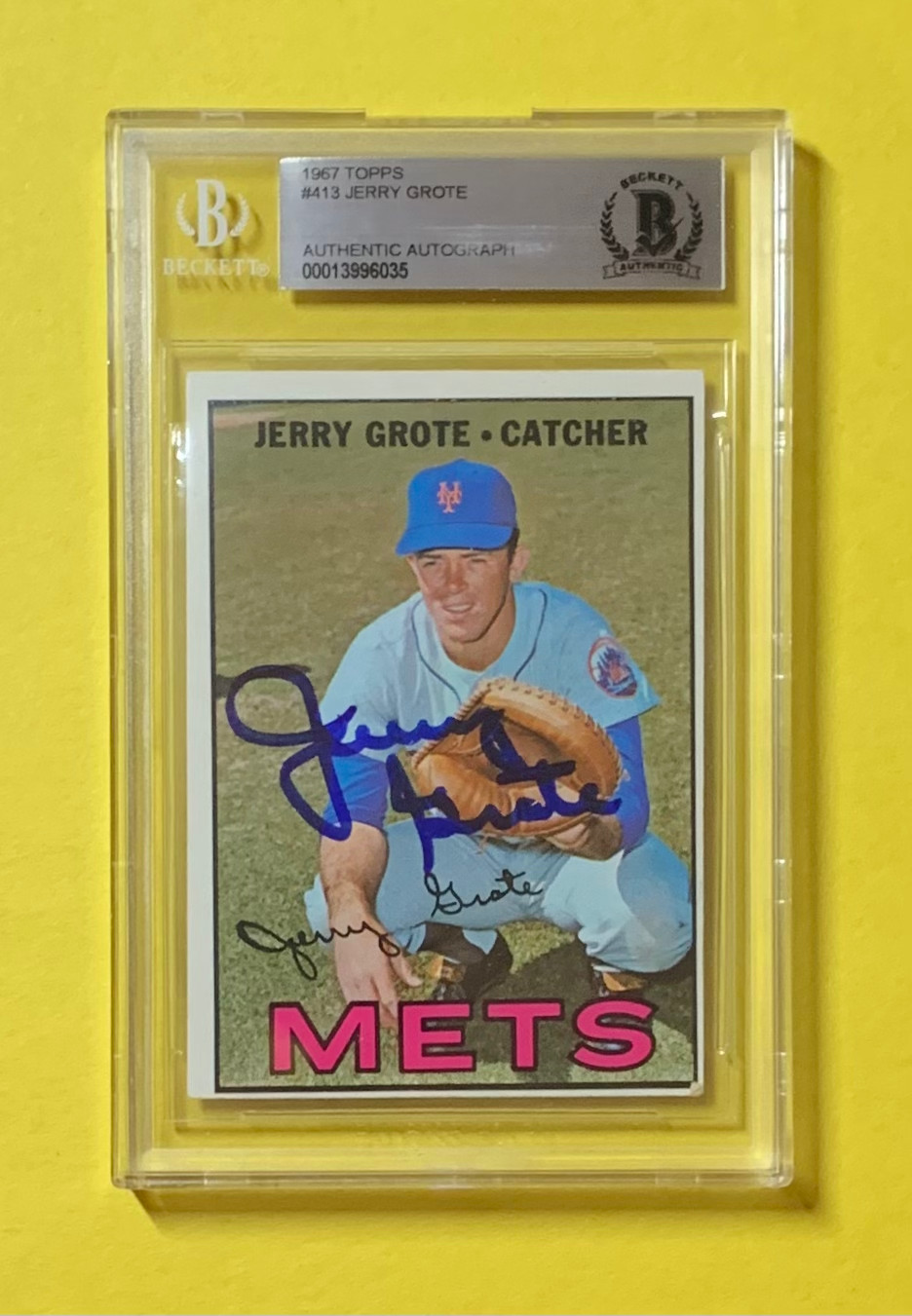1967 TOPPS JERRY GROTE #413 AUTHENTIC AUTO BECKETT CERTIFIED METS COLLECTIBLE MEMORABILIA