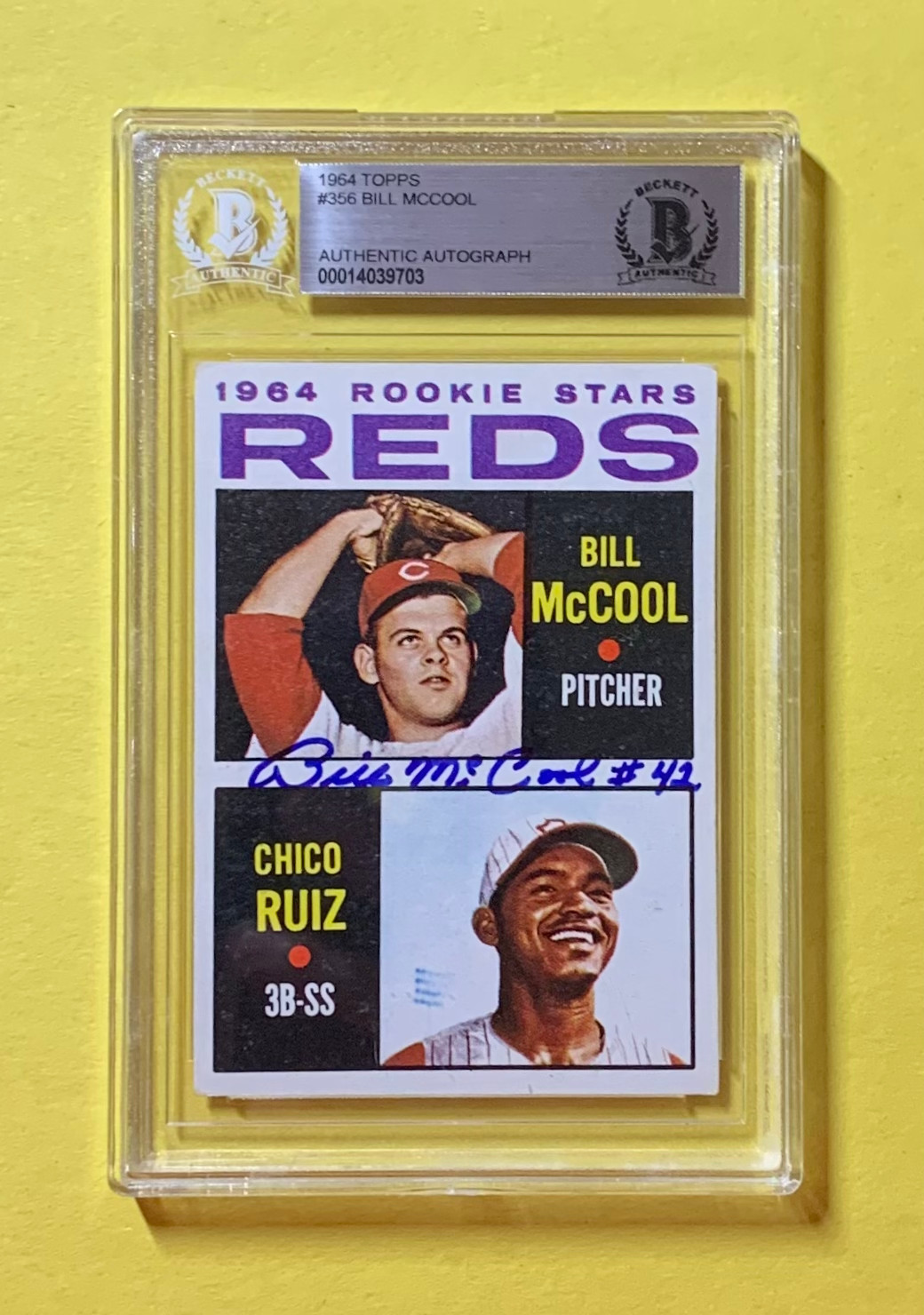 1964 TOPPS BILL MCCOOL ROOKIE #356 AUTHENTIC AUTO BECKETT CERTIFIED REDS COLLECTIBLE MEMORABILIA