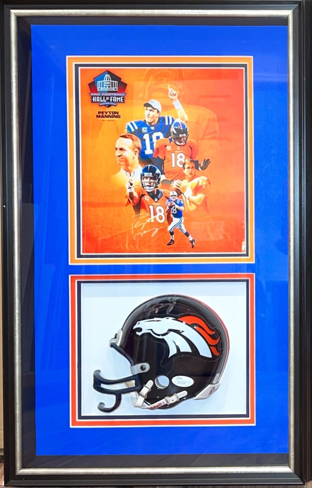 PEYTON MANNING Signed Autograph Poster and Mini Helmet Shadow Box 13.5 x 21 JSA