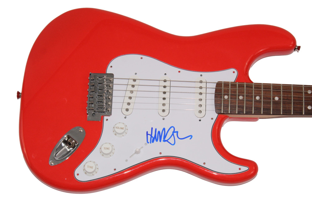 COMPOSER HANS ZIMMER SIGNED AUTOGRAPH RED FENDER ELECTRIC GUITAR – JSA COA COLLECTIBLE MEMORABILIA
