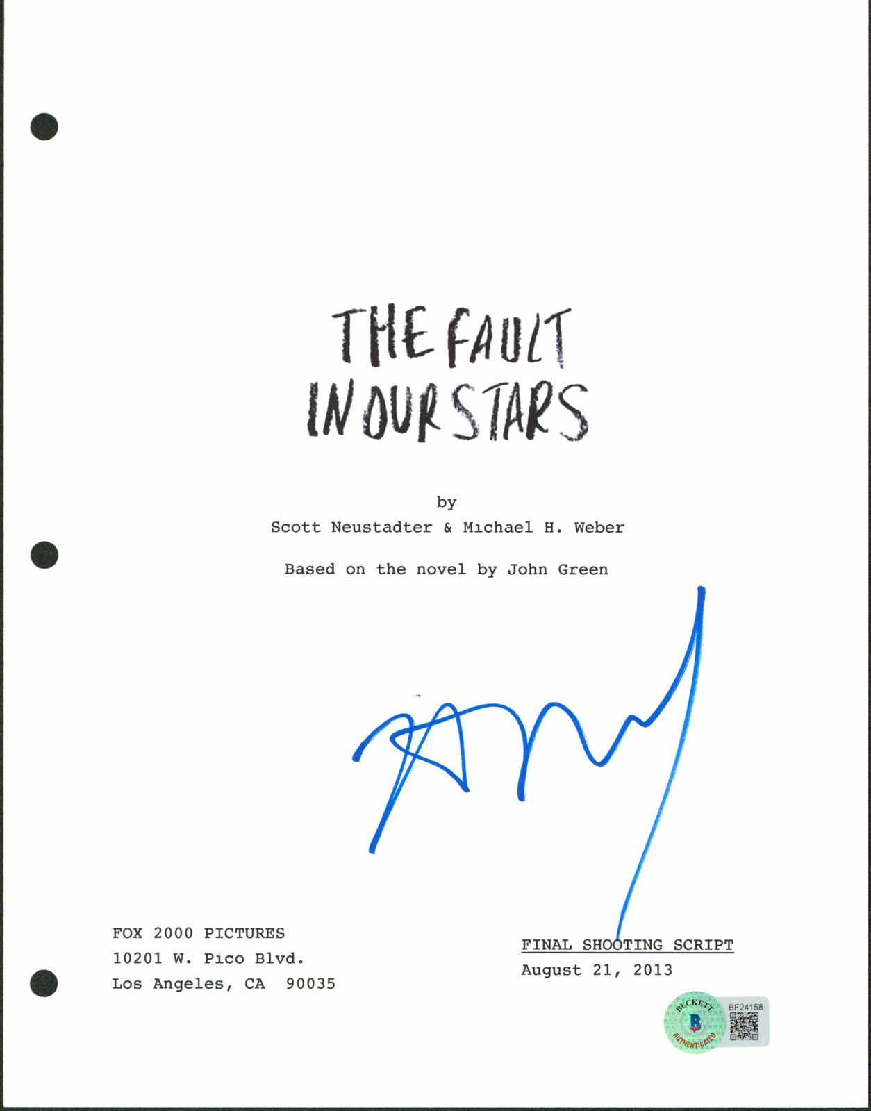 Nat Wolff Authentic Signed The Fault In Our Stars Script Cover BAS #BF24158
