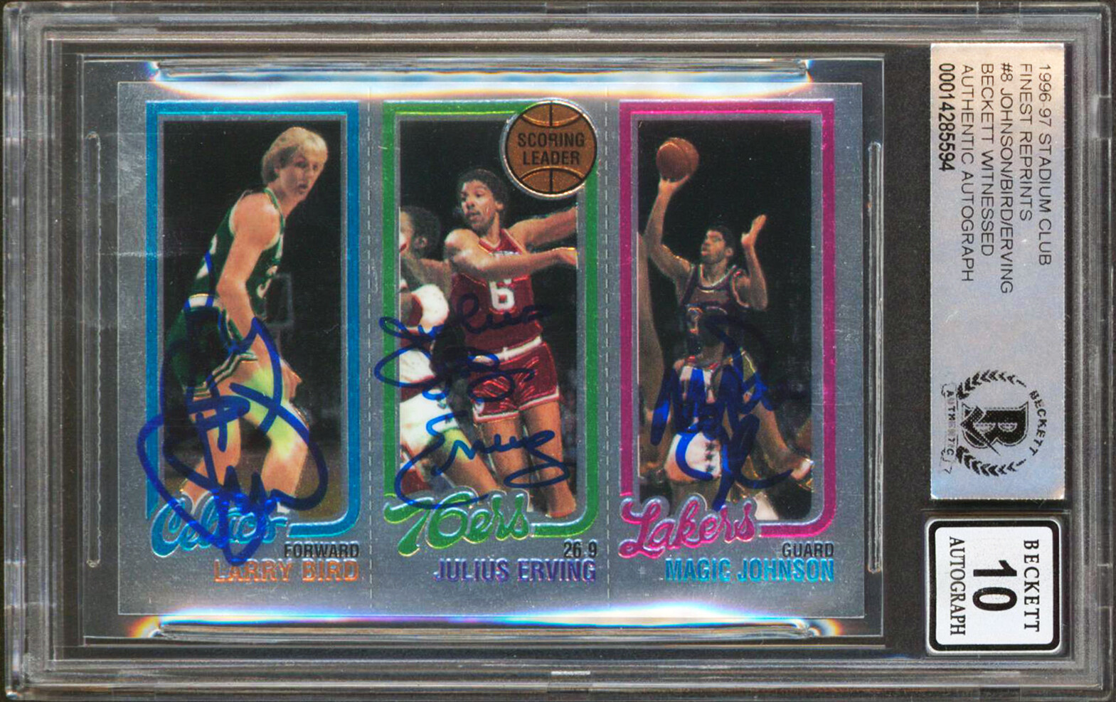 Bird, Erving & Magic Signed 1996 Stadium Club Finest Card Autos 10! BAS Slabbed