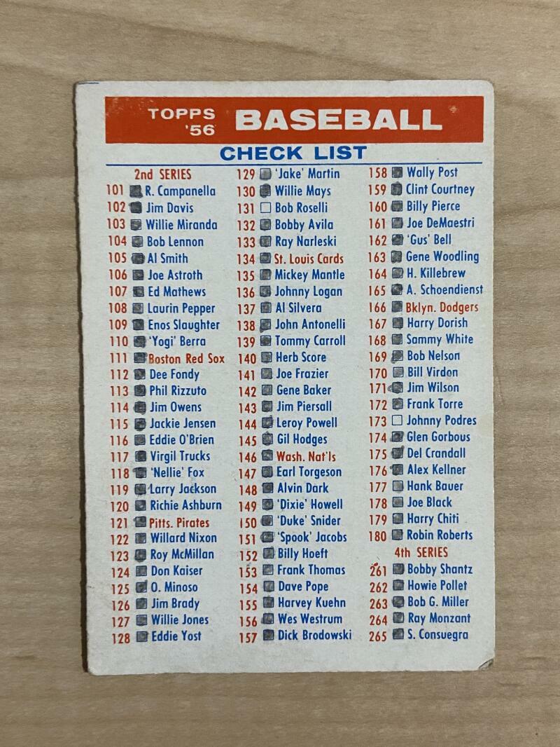 1956 TOPPS 2ND SERIES CHECKLIST EX MARKED