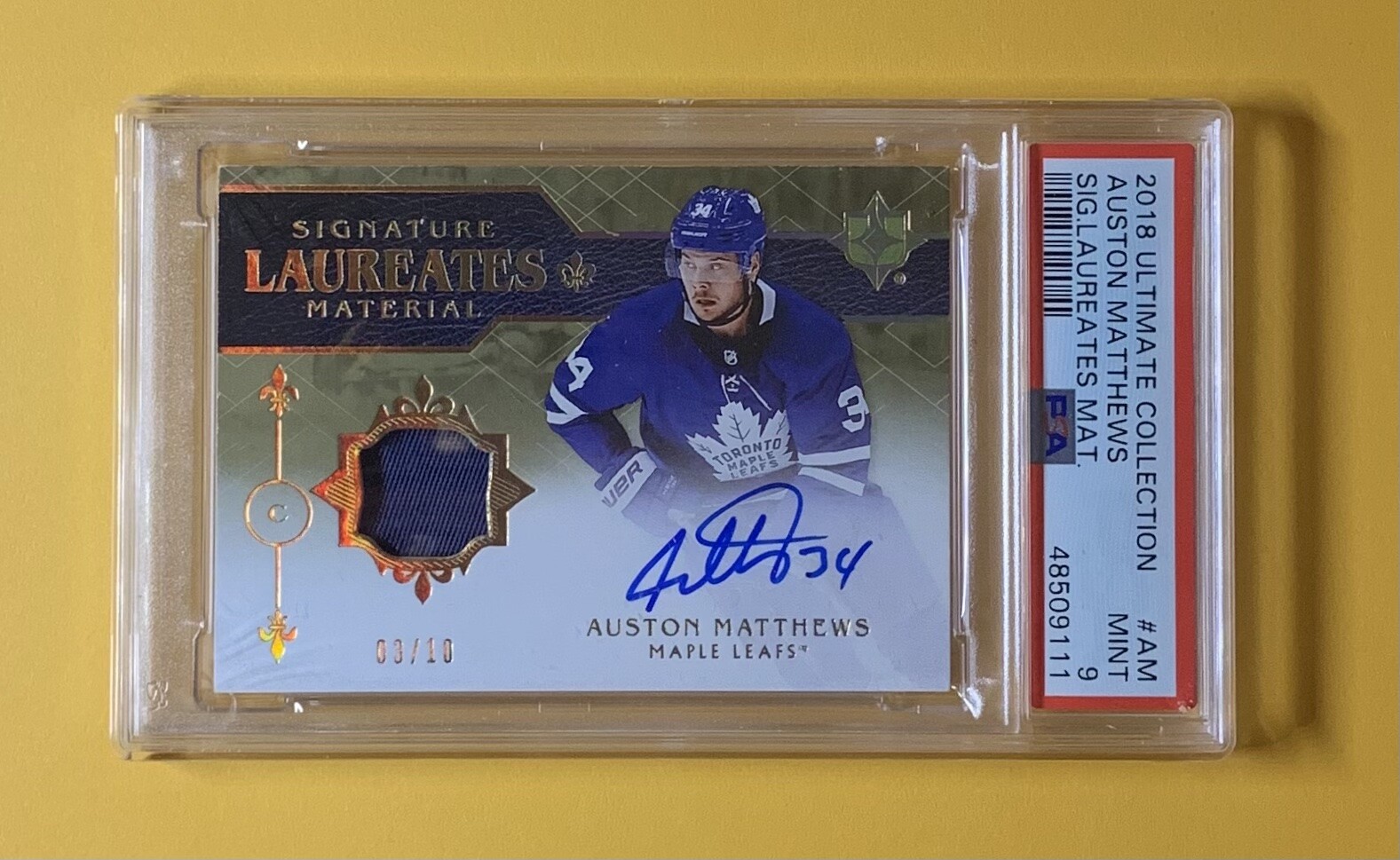 2018 ULTIMATE COLLECTION AUSTON MATTHEWS SIGNATURE LAUREATES MATERIAL PSA MINT 9