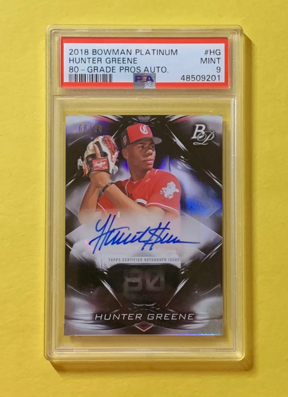 2018 BOWMAN PLATINUM HUNTER GREENE 80 GRADE PROSPECT AUTO /80 #HG PSA MINT 9