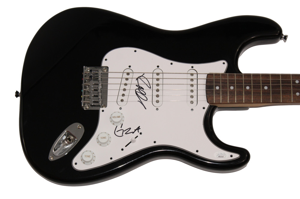 GZA & RAEKWON SIGNED AUTOGRAPH BLACK FENDER ELECTRIC GUITAR WU-TANG CLAN JSA COA