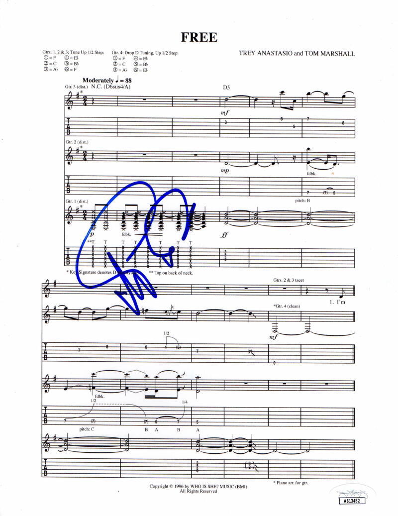 TREY ANASTASIO SIGNED AUTOGRAPH FREE SHEET MUSIC – PHISH BILLY BREATHES JSA COA COLLECTIBLE MEMORABILIA
