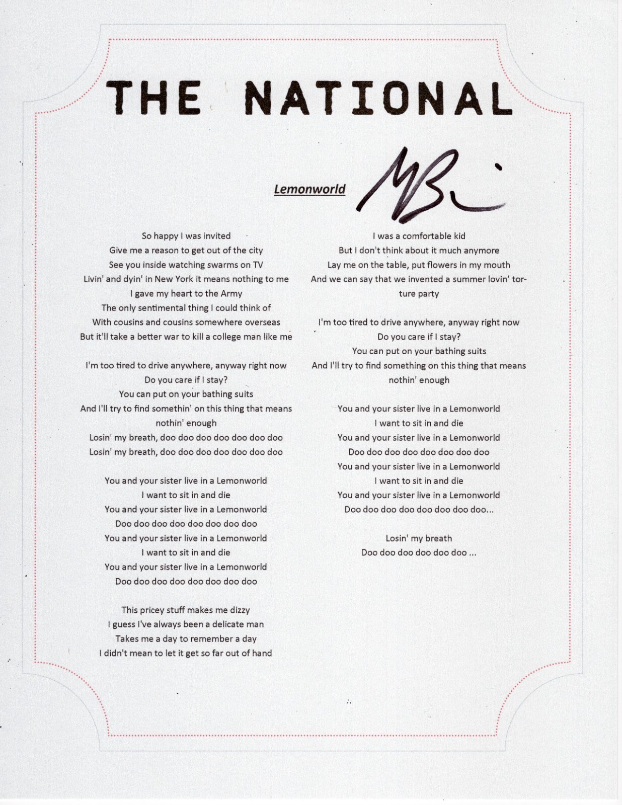 THE NATIONAL MATT BERNINGER SIGNED LEMONWORLD LYRIC SHEET