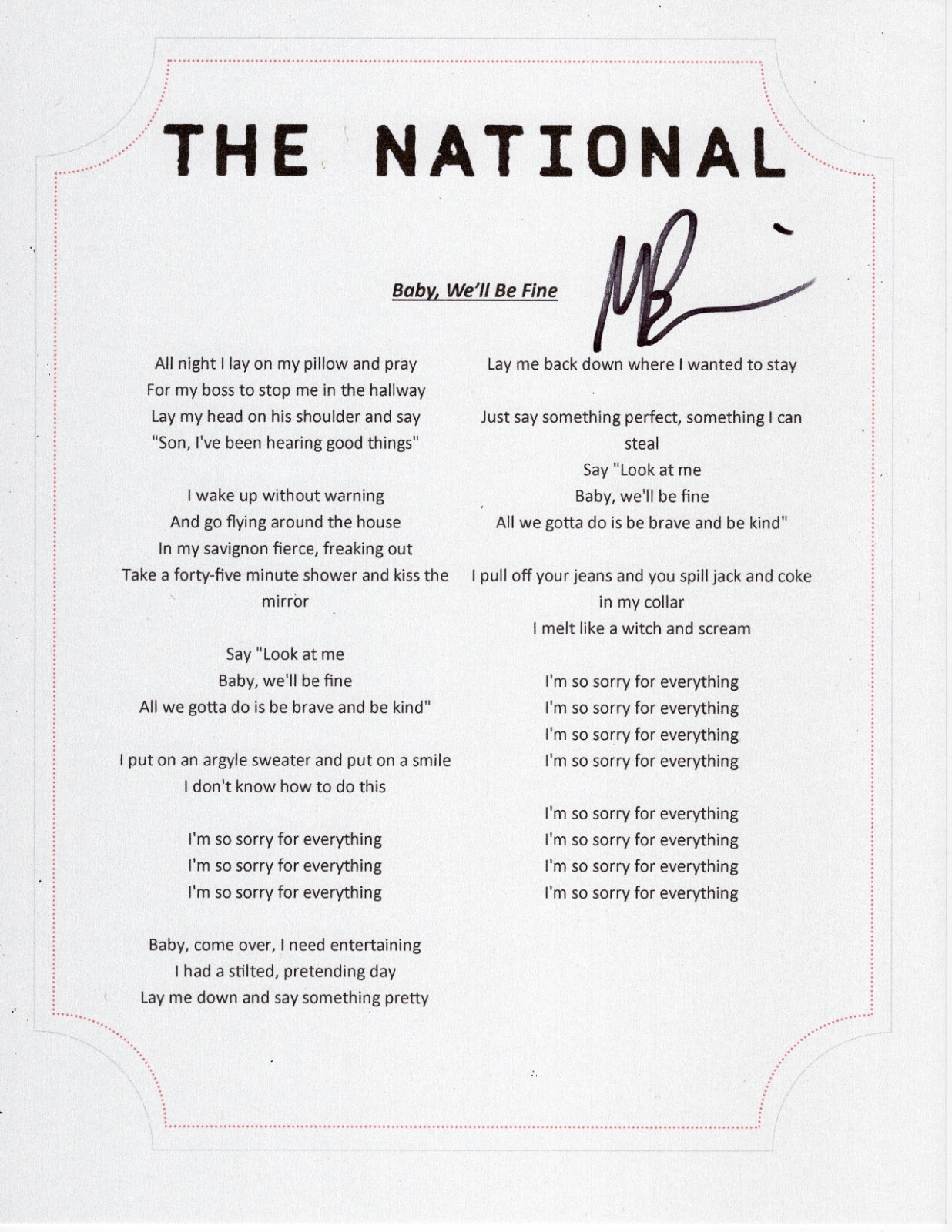 THE NATIONAL BABY, WE’LL BE FINE LYRIC SHEET SIGNED BY MATT BERNINGER COLLECTIBLE MEMORABILIA