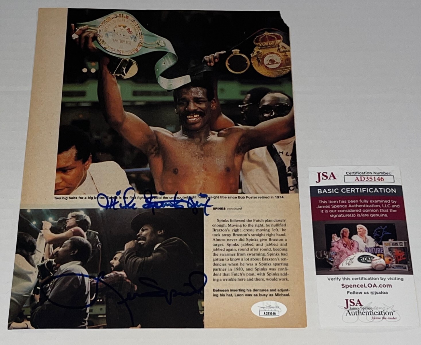 Leon Spinks & Michael Spinks signed Boxing Magazine Page autographed JSA