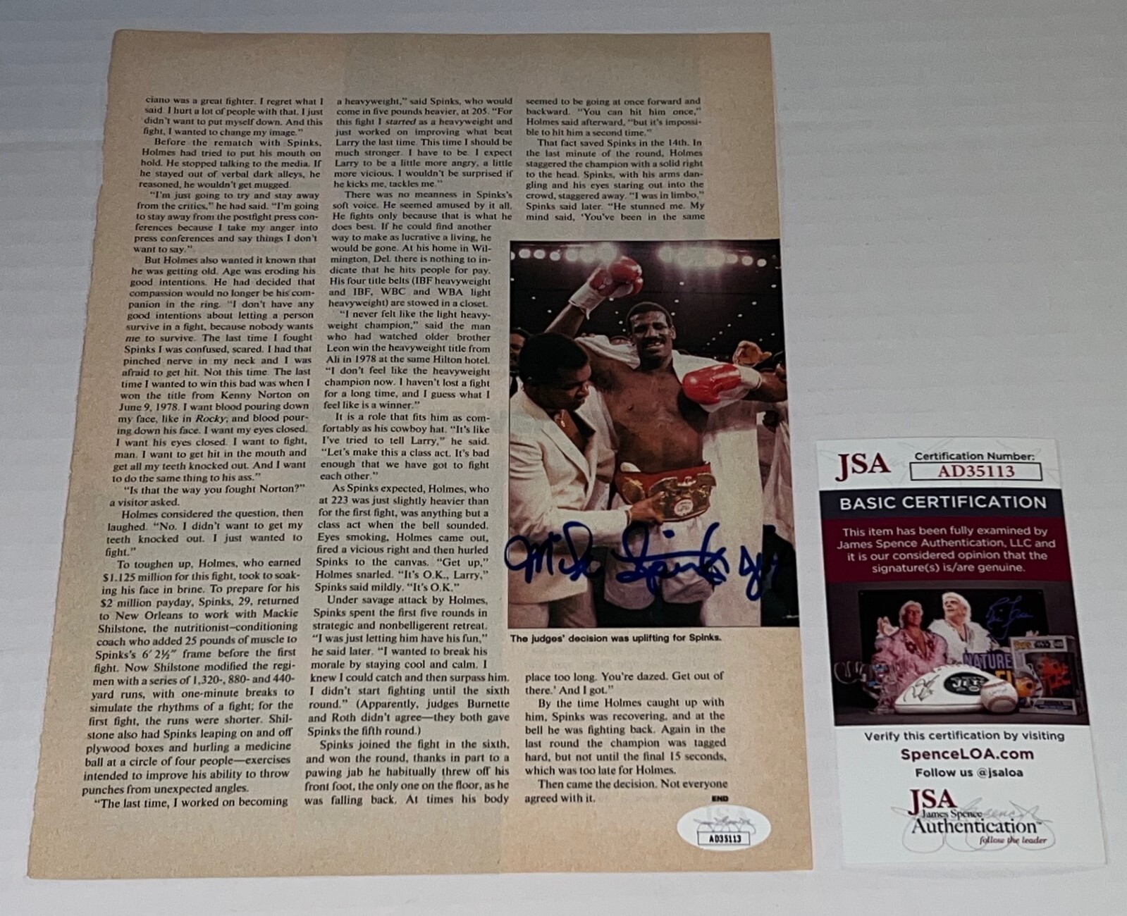 Michael Spinks Jinx signed Magazine Page Boxing Champ autographed 15 JSA