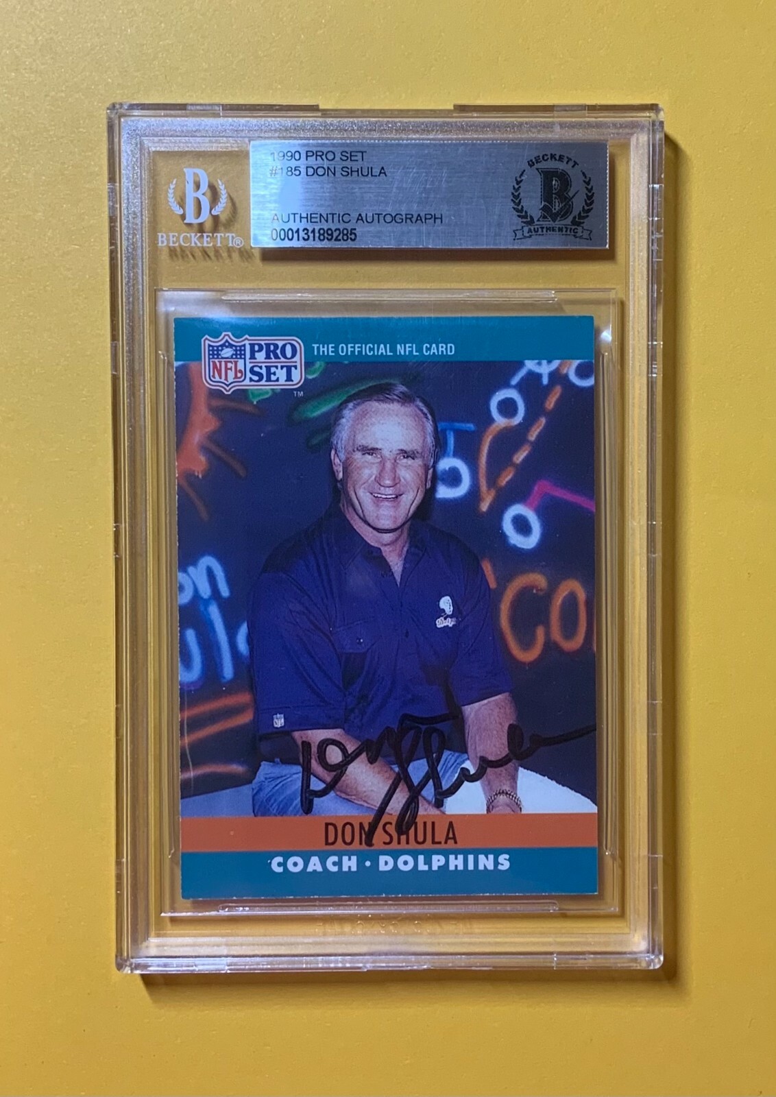 1990 PRO SET DON SHULA #185 AUTHENTIC AUTO BECKETT CERTIFIED HOF DOLPHINS COLLECTIBLE MEMORABILIA