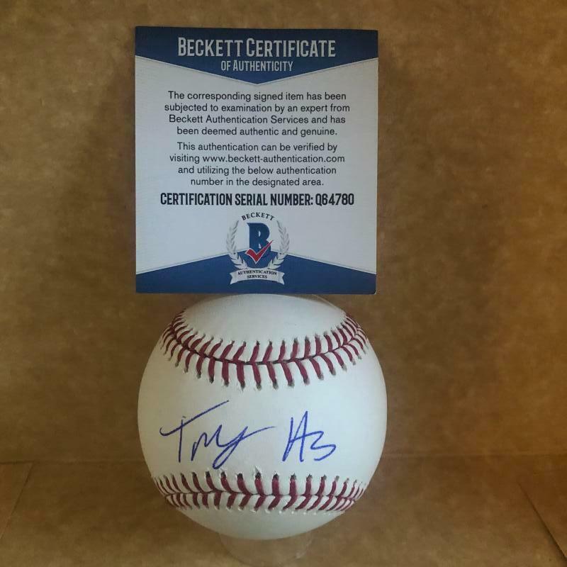 TREY HARRIS ATLANTA BRAVES SIGNED AUTOGRAPHED M.L. BASEBALL BECKETT Q64780